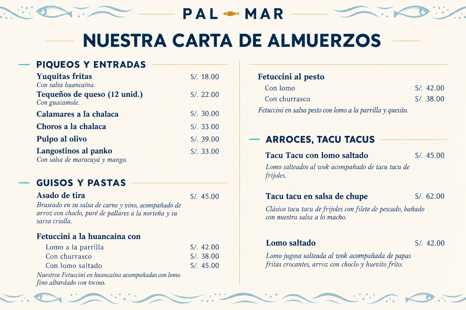 Carta Costera de Almuerzos Gourmet PalMar